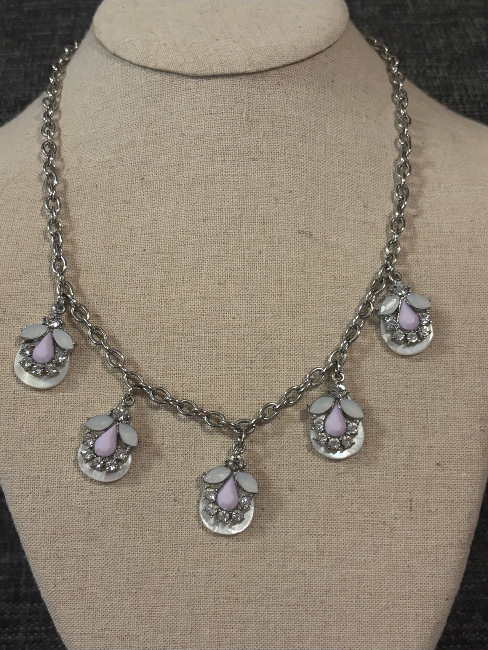 Elegant Silver-Tone Necklace with Light Pink and White Drops